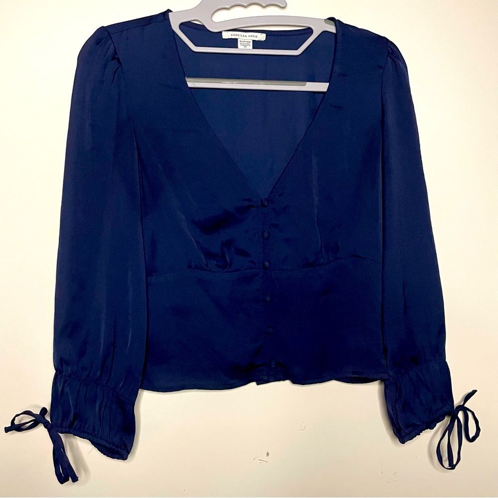 AEO Blue Satin V Neck 3/4 Sleeve Button Boho Renaissance Crop Top XS